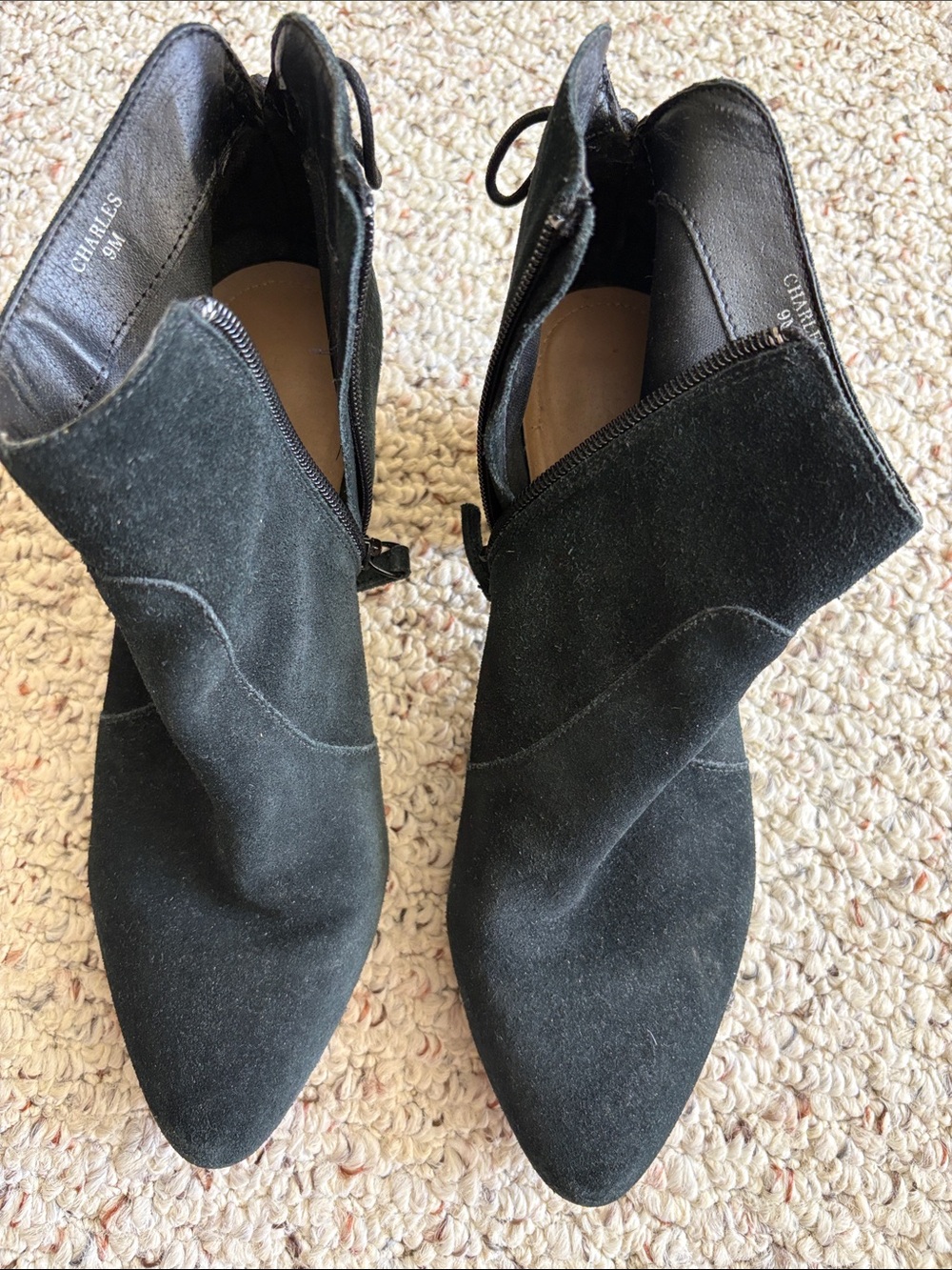 Tahari Black Suede Pointed Ankle Booties with Side Zip